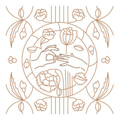 Vector wedding illustration with flowers, hands and gold engagement ring for invitation, postcard, souvenir logo, web site, page. Line drawing in art deco style.