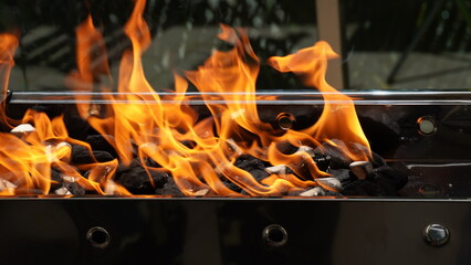 Empty Barbecue Flaming Grill Close Up With Bright Flames