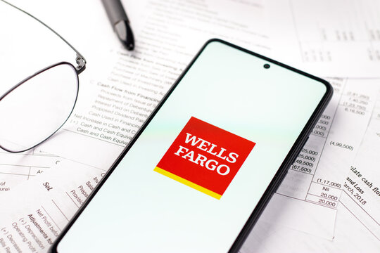 West Bangal, India - April 20, 2022 : Wells Fargo on phone screen stock image.