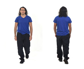 back and front view of a man walking with sportswear  and long hair and tottoo on white background