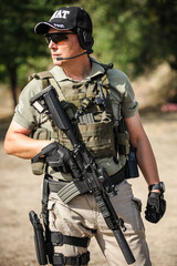 Full armed swat special forces army soldier in combat uniform