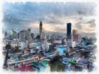 Bangkok city landscape in Thailand watercolor style illustration impressionist painting.