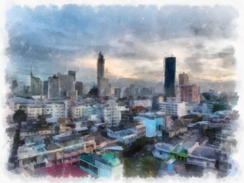 Bangkok city landscape in Thailand watercolor style illustration impressionist painting.