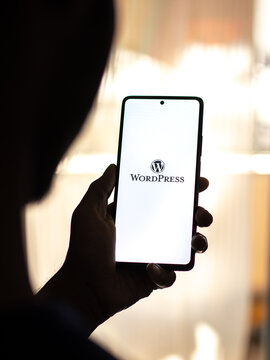 Assam, india - Augest 2, 2020 : Wordpress logo on a smartphone screen.