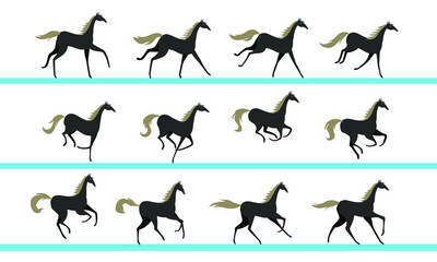 Horse running animation. Twelve key positions of horse running. Vector illustration isolated on white background.