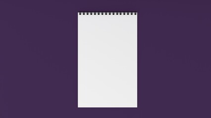 Mockup blank paper notebook or notepad on purple background. 3d rendering.