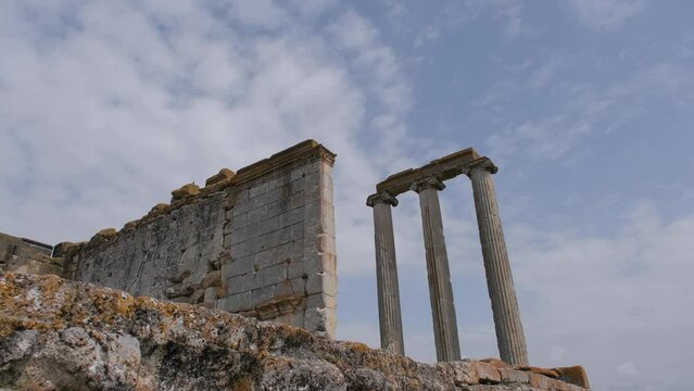 Ruins of the ancient city of Aizanoi Ancient Greek City in Turkey and side and low angle view of temple of zeus in Turkey. 4K Video