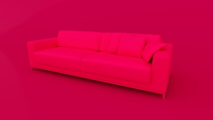 Pink fabric sofa on brushed metal legs with pillows isolated on pink background. Series of furniture. 3D Rendering.
