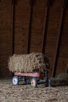 Old Red Rusty Antique Radio Flyer Wagon Carrying A Straw Bale In The Haymow Of A Barn