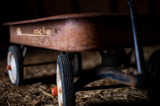 Old Red Rusty Antique Radio Flyer Wagon Closeup