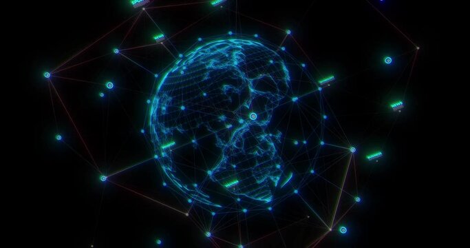 Digital animation of a network of lines connected with profile icons and texts. The screen slowly rotates to revealing more texts with globe, 