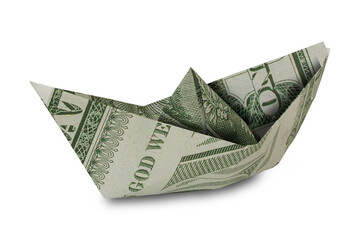 Boat or ship made from a us one dollar bill isolated on white background.