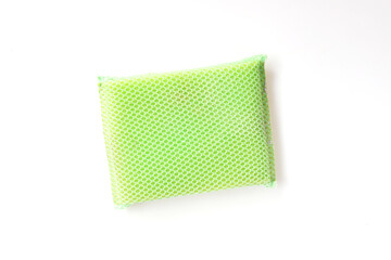 washing sponge clean disc housework in kitchen, Isolated green sponge on white background. housekeeping equipment