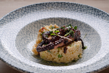 Baked octopus with garnish and microgreens