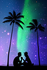 Lovers on beach. Couple under palm trees. Polar lights in night sky