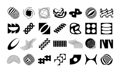 Set of abstract geometric symbols. Modern Bold Brutalistic Objects and Shapes. Black and white minimalistic silhouettes of figures. Contemporary design.Vector illustration