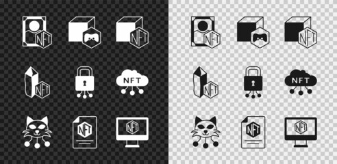 Set NFT Digital crypto art, contract, Monitor with store app, and Cyber security icon. Vector - obrazy, fototapety, plakaty