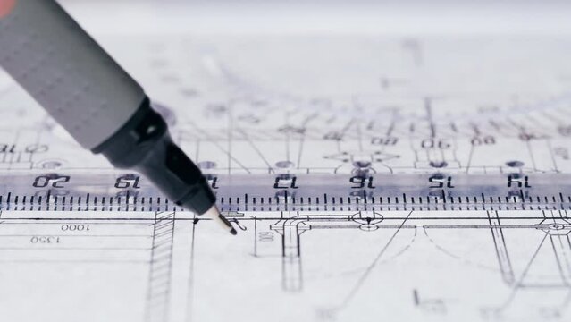 Liner thin marker, plan blueprint close-up. Architect designer drawing, professional engineer working, interior creator making architectural house project, drafting building. 