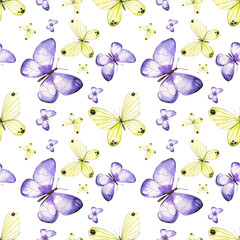 Obraz na płótnie Canvas Seamless watercolor pattern with butterflies. Purple and yellow butterflies in a seamless design on a white background. Illustration for background, printing, etc.