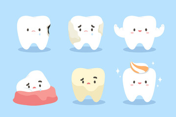 Fototapeta premium Healthy and unhealthy teeth such as tooth decay, tartar, plaque and impacted tooth or wisdom tooth, on light blue background. Illustration for kids, dental clinic decoration, education. Flat vector.