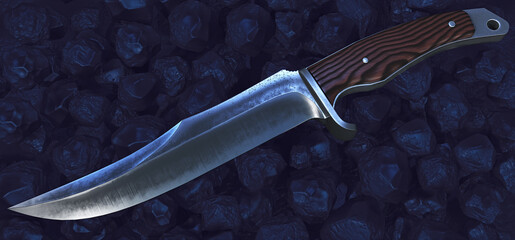 Hunting knife on the background of stones. 3d illustration
