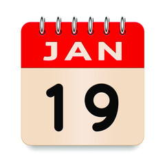 19 day of the month. January. Flip old formal calendar. 3d daily icon. Date. Week Sunday, Monday, Tuesday, Wednesday, Thursday, Friday, Saturday. Cut paper. White background. Vector illustration.