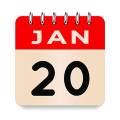 20 day of the month. January. Flip old formal calendar. 3d daily icon. Date. Week Sunday, Monday, Tuesday, Wednesday, Thursday, Friday, Saturday. Cut paper. White background. Vector illustration.