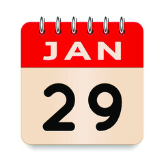 29 day of the month. January. Flip old formal calendar. 3d daily icon. Date. Week Sunday, Monday, Tuesday, Wednesday, Thursday, Friday, Saturday. Cut paper. White background. Vector illustration.