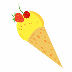 Yellow ice cream in a waffle with strawberry and cherry vector illustration. Frozen dessert colourful icon set. On white background.