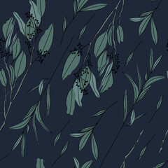 Herbs hand drawn background. Seamless pattern with leaves and branches on dark blue background. Decorative illustration, good for printing.