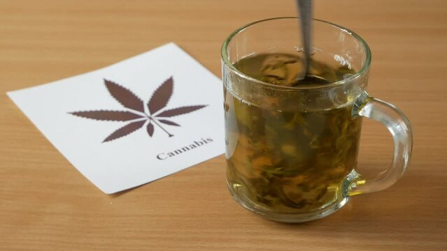 Tea with marijuana, cannabis with herbal decoction to treat pain and increase appetite. Hemp herbal tea, concept of marijuana use for medicinal purposes.