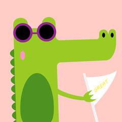 Cute friendly green crocodile holding flag with great word. Cartoon vector illustration