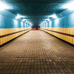 empty tunnel of the underpass is illuminated by bright lights. city, urban traffic, underground...
