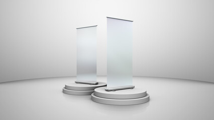 3D rendering mockup illustrations for a 90cm x 180cm roll up stand banner with a view of twin banners