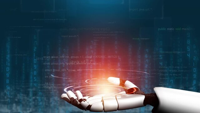 Futuristic robot artificial intelligence revolutionary AI technology development and machine learning concept. Global robotic bionic science research for future of human life. 3D rendering graphic.