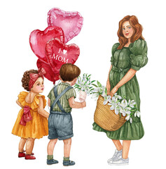 Watercolor spring family card with pregnant woman with kids, Boho style birthday card, Toddler girl and boy, pink balloons,mother's day card  isolated on white background