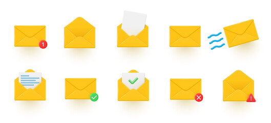 Collection yellow envelope notifications 3d icon realistic vector paper letters cyberspace alert