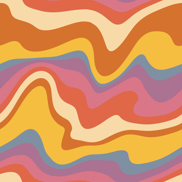 Groovy retro seamless pattern. Disco wavy rainbow background for trendy funky prints. Trippy psychedelic swirl summer backdrop.