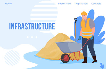 Infrastructure construction landing page template vector male builder industrial worker
