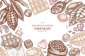 Design with pastel colored cocoa beans, cocoa, chocolate, chocolate candies