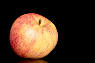 One juicy organic apple, close up, isolated on black background.