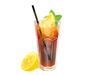 Cocktail Long Island iced tea on a white background.A summer refreshing drink with a slice of lemon, ice cubes and mint.Vector illustration.