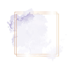 Trendy simple flat lay design vector background. Gold line art, watercolor purple texture splash