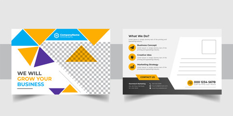 Corporate business postcard template design set with blue, yellow, red, and green colors. digital marketing agency postcard, business marketing postcard set, vector illustration