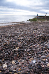 Fototapeta na wymiar Pebble beach at British seaside. Children play in background
