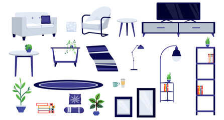 Modern living room interior furniture set with sofa cabinet and lamp tv and house plant