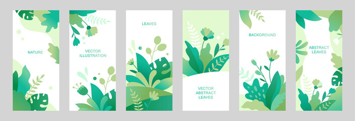 Set of vector abstract summer backgrounds with copy space for text. Vertical templates for social media stories, event invitations, greeting cards, advertising banners. Foliage designs in flat style.