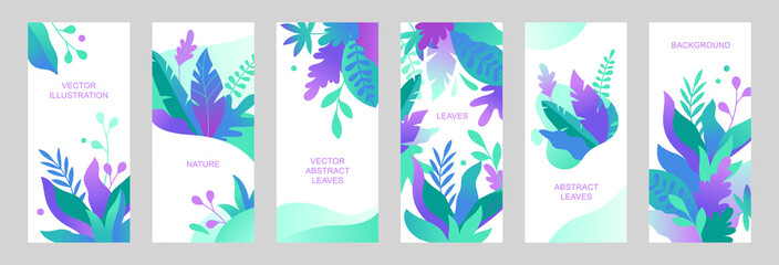 Set of vector abstract summer backgrounds with copy space for text. Vertical templates for social media stories, event invitations, greeting cards, advertising banners. Foliage designs in flat style.