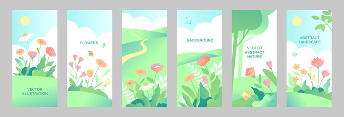 Fototapeta na wymiar Set of vector abstract summer landscapes with copy space for text. Vertical templates for social media stories, event invitations, greeting cards, advertising banners. Flower designs in flat style.