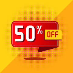 50 percent off. Red floating balloon on yellow background for promotions and discounts